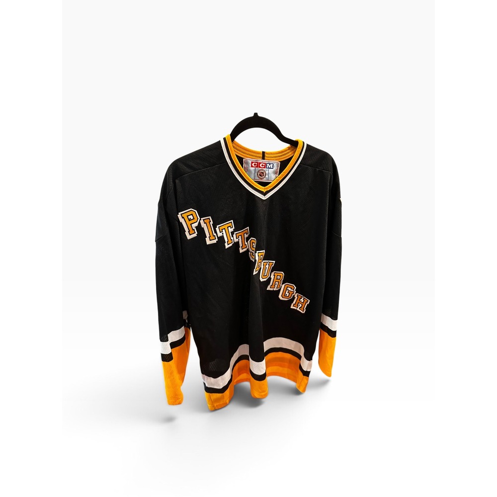 Vintage CCM Pittsburgh Penguins NHL Jersey Maska Black Gold Mens XL